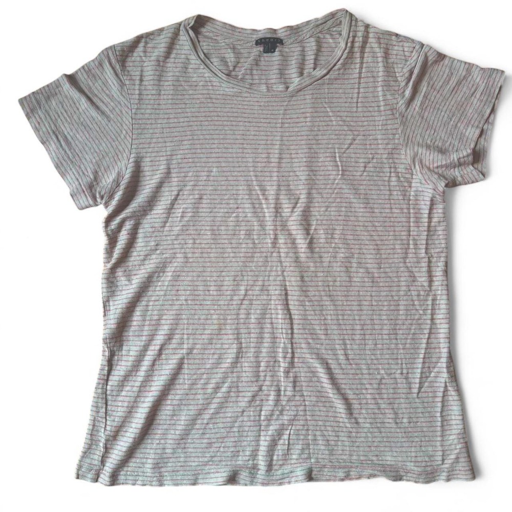 Theory Womens 100% Linen Striped Short Sleeve T-Shirt Tan Pink Medium
